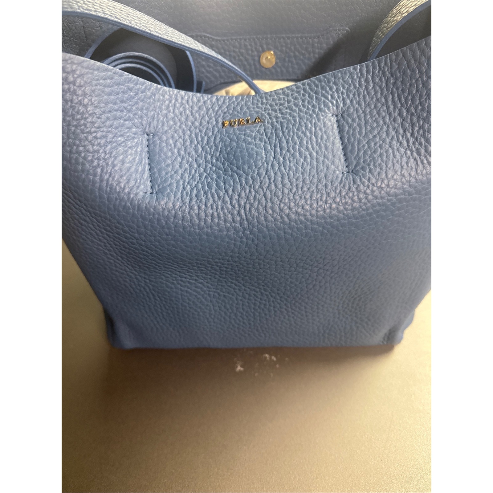 Furla Blue Pebbled Leather Tote Bag With Tag, Includes Adjustable Shoulder Strap